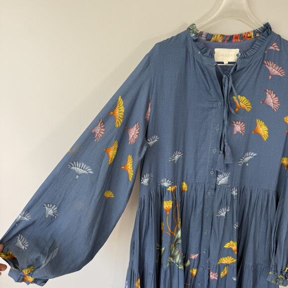 Carolina K Maxi Dress Blue Floral Prints Button Front Size S Long Puff Sleeves - Picture 7 of 11